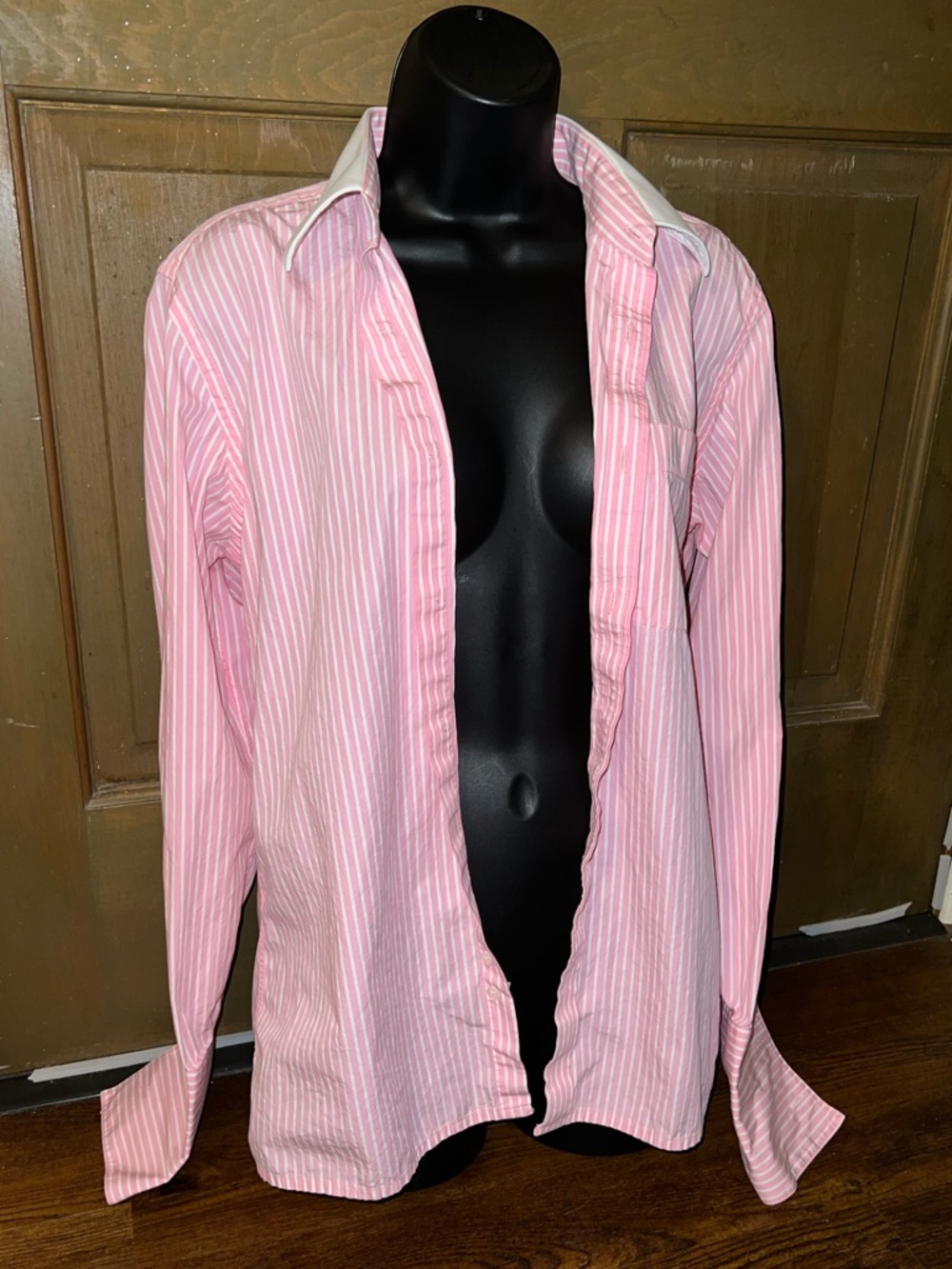 Pink White Preppy Chic Pinstripe Academia Casual Button Up Collar Shirt Size M - Picture 5 of 14